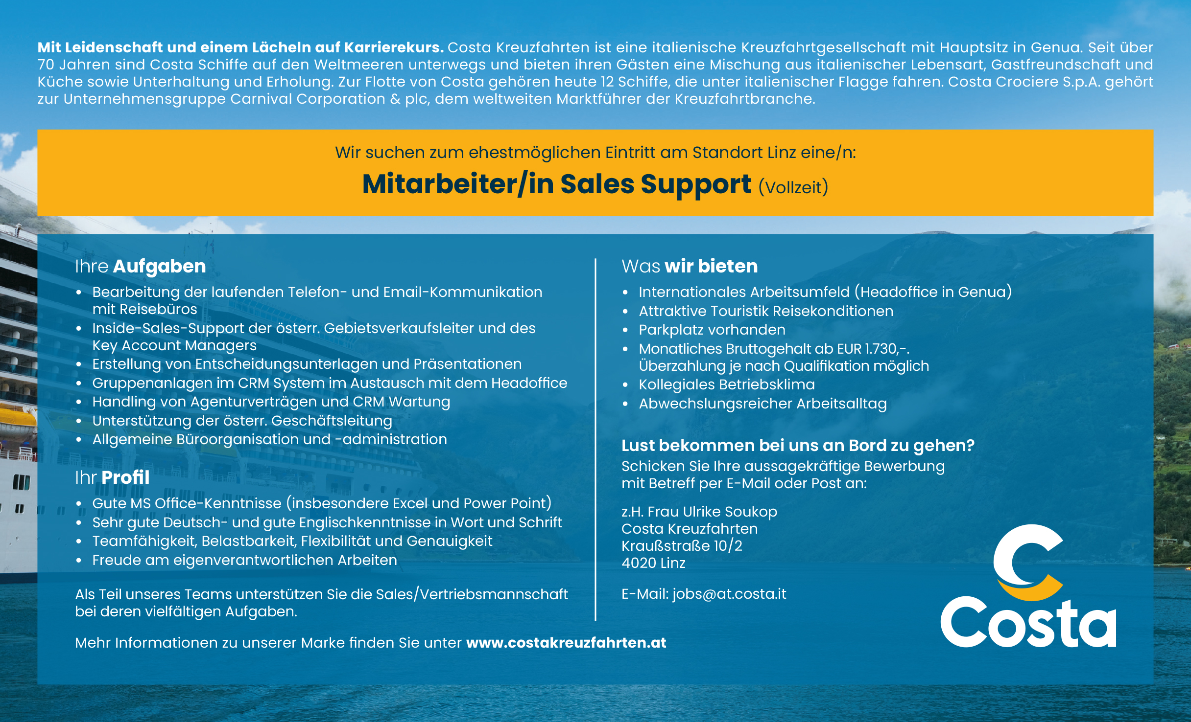 Costa Kreuzfahrten sucht eine/n Mitarbeiter/in Sales Support in Linz