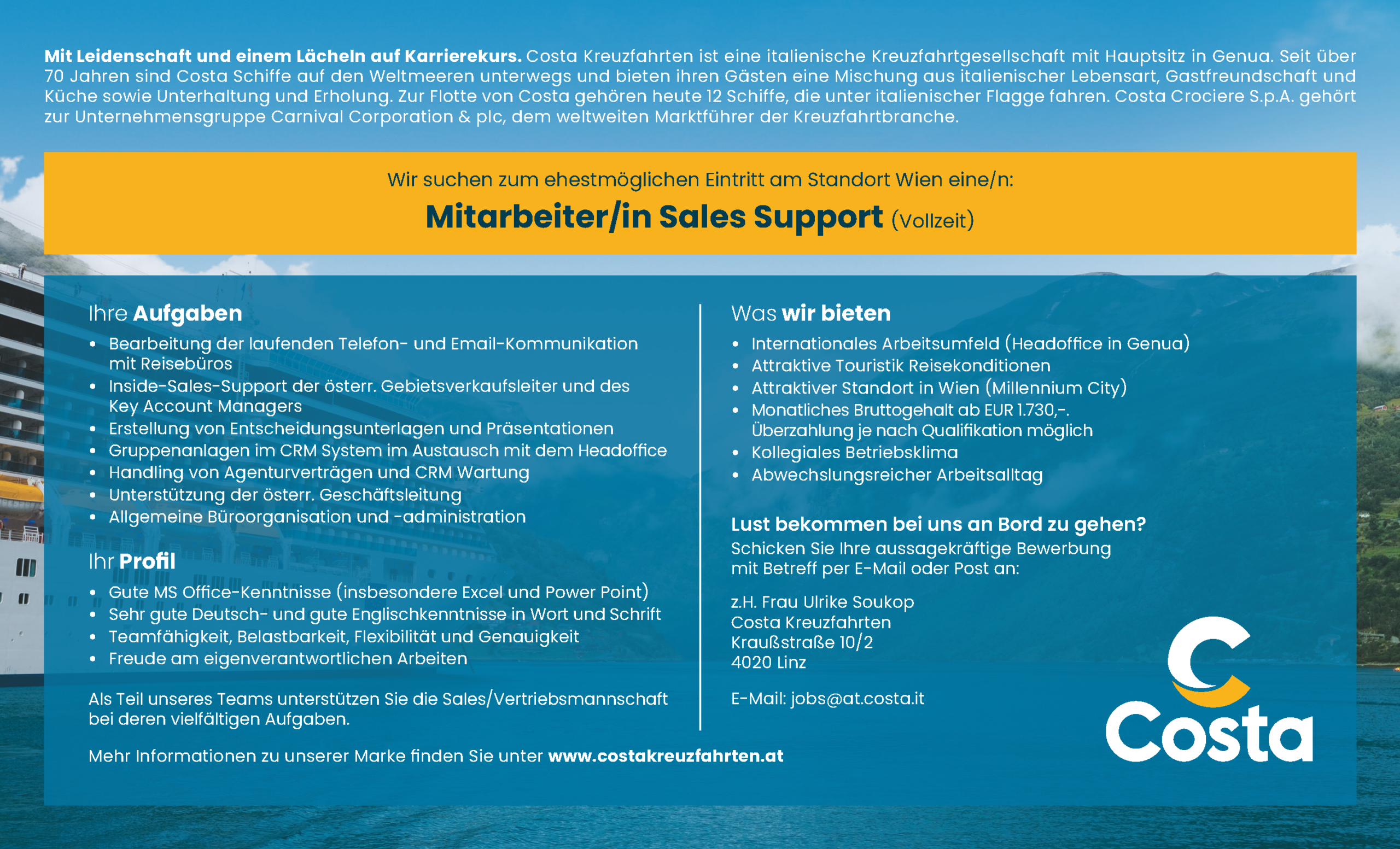 Costa Kreuzfahrten sucht eine*n Mitarbeiter*in Sales Support in Wien