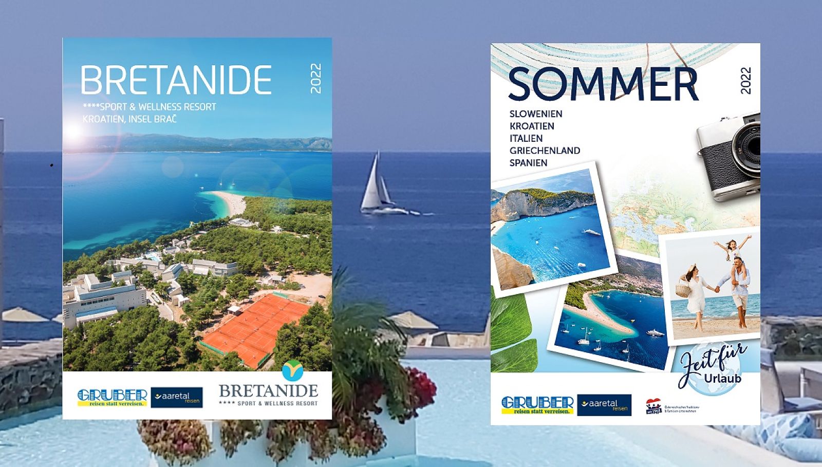 Katalog-Doppel von GRUBER-reisen: Einmal „Sommer“, einmal „BRETANIDE“
