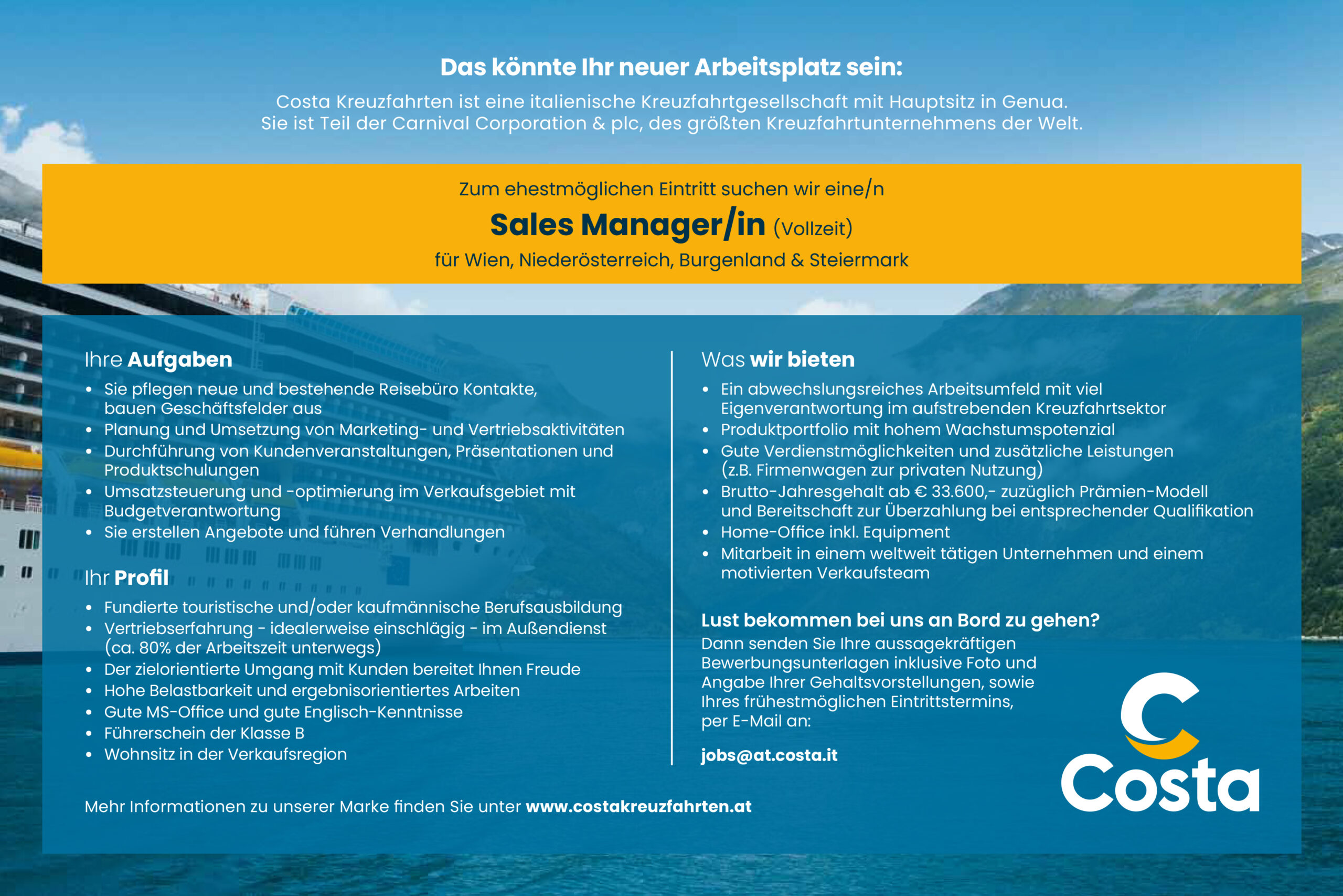 Costa Kreuzfahrten sucht ein/e Sales Manager/in