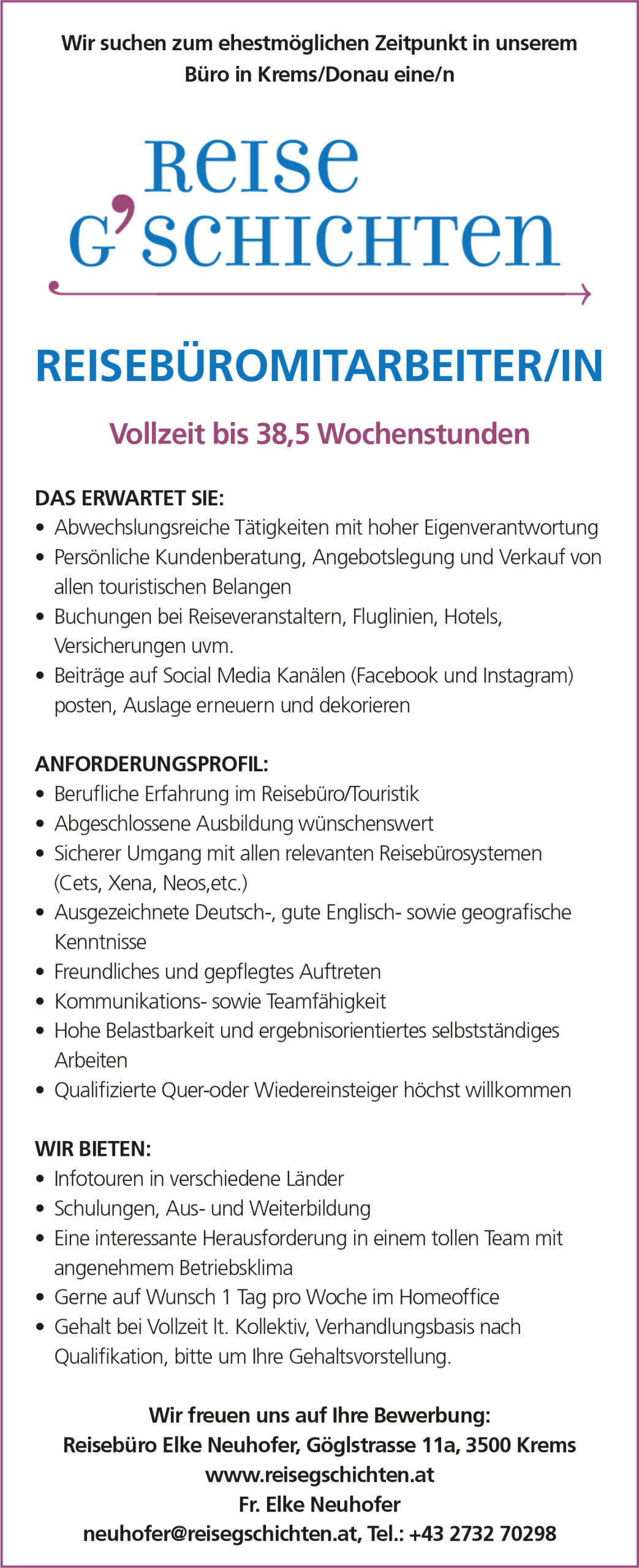 Reiseg´schichten sucht eine/n Reisebüromitarbeiter/in