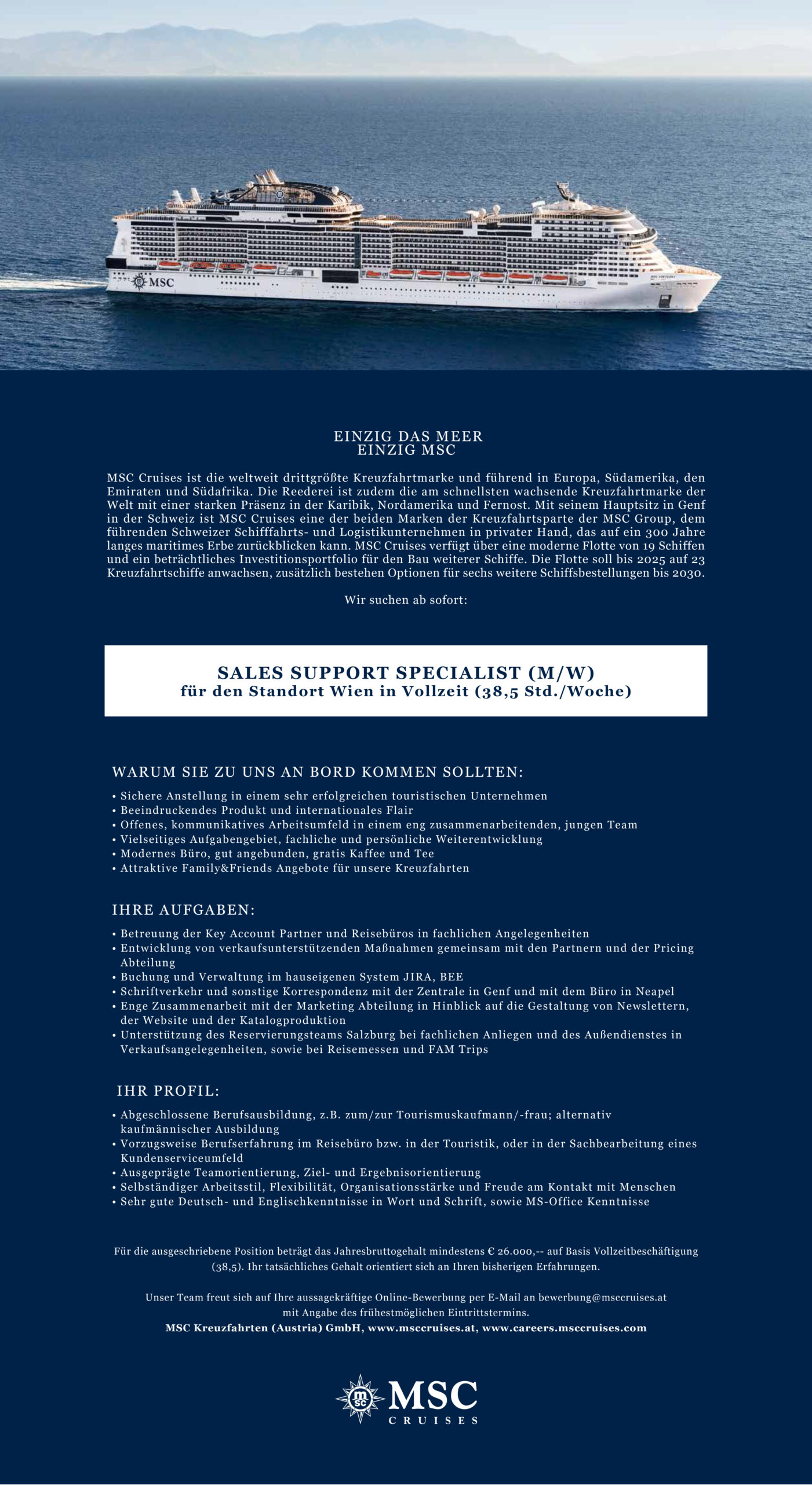 MSC Cruises sucht eine/n Sales Support Specialist