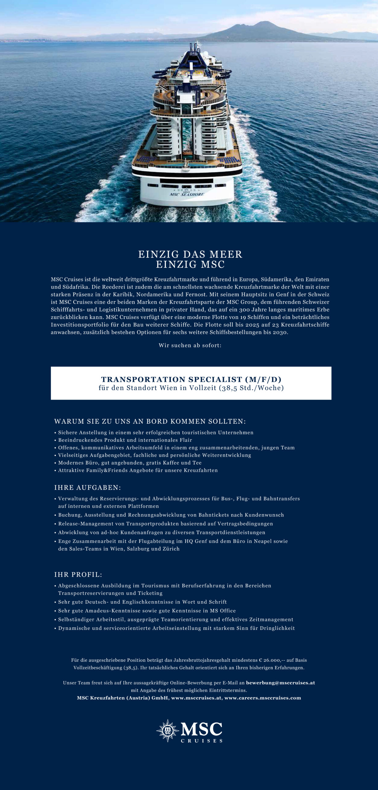 MSC Cruises sucht eine/n Transportation Specialist