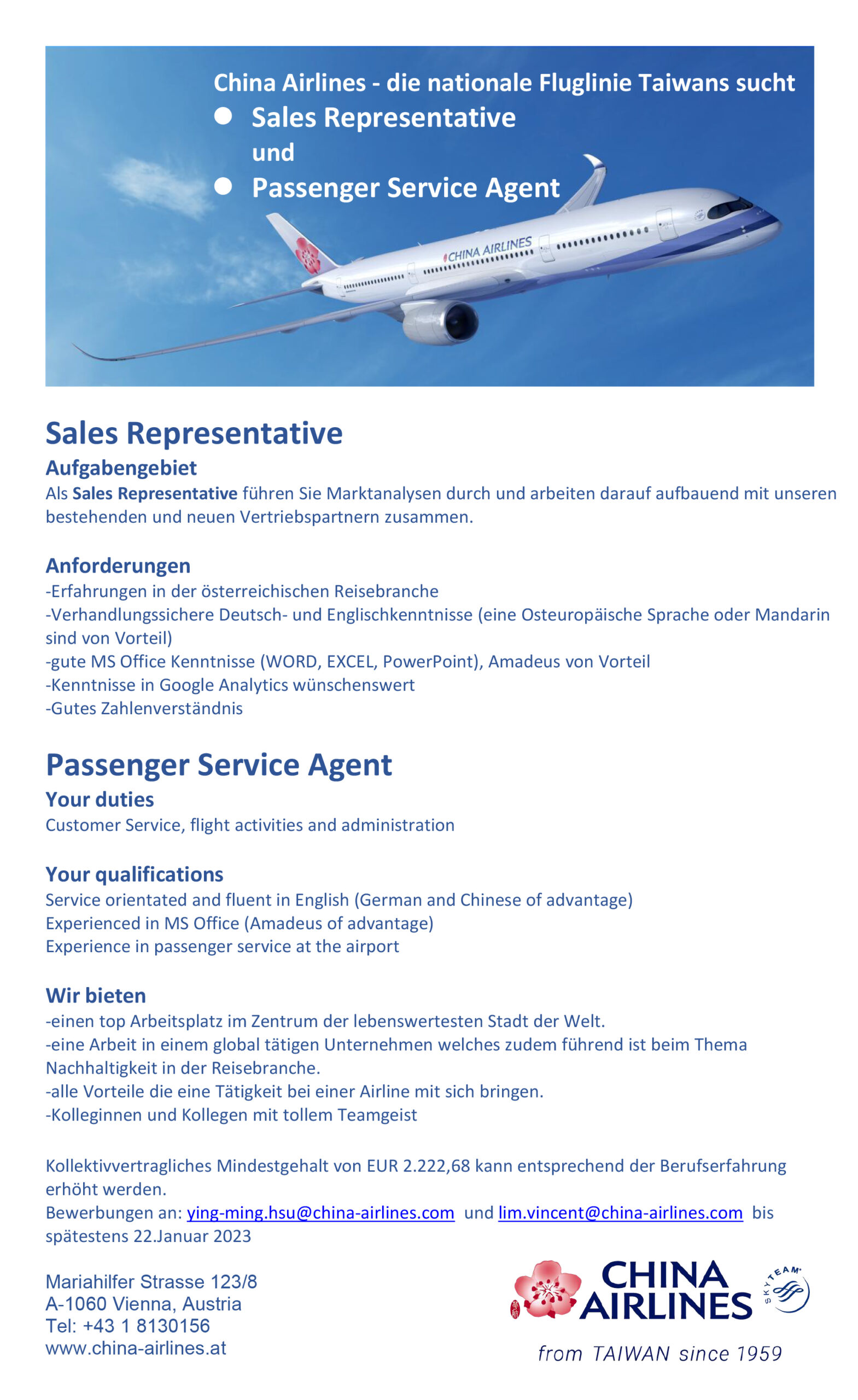 China Airlines sucht Sales Representative & Passenger Service Agent