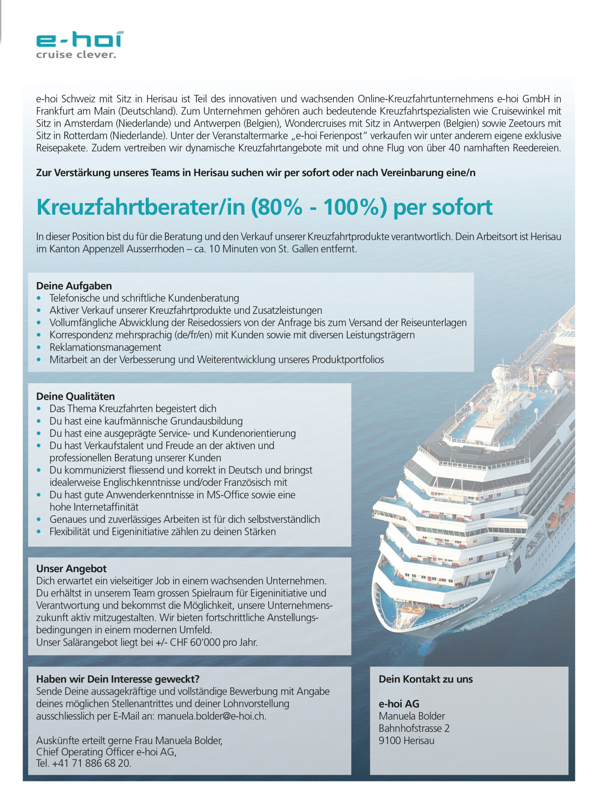 e-hoi sucht per sofort eine/n Kreuzfahrtberater/in