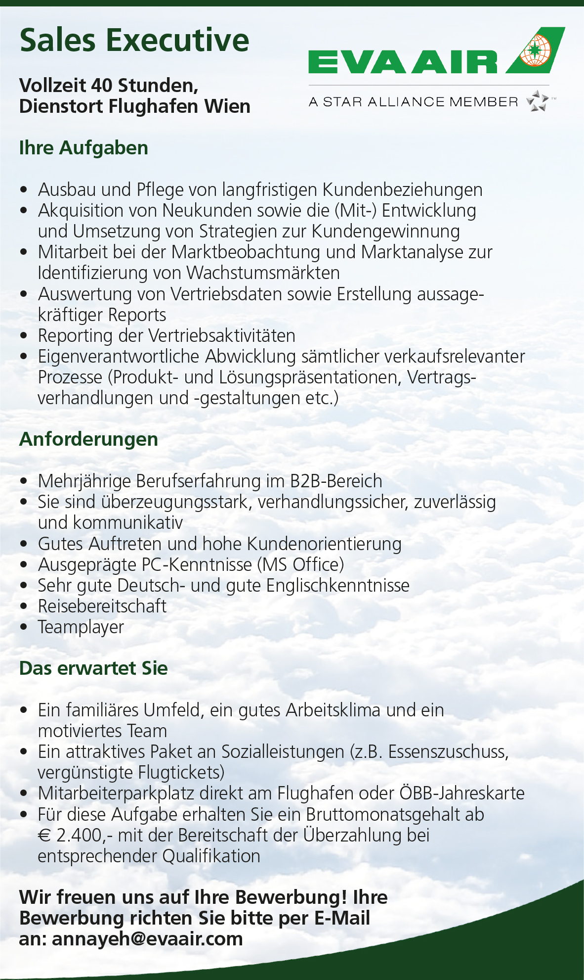 EVA Air sucht ab sofort eine/n Sales Executive