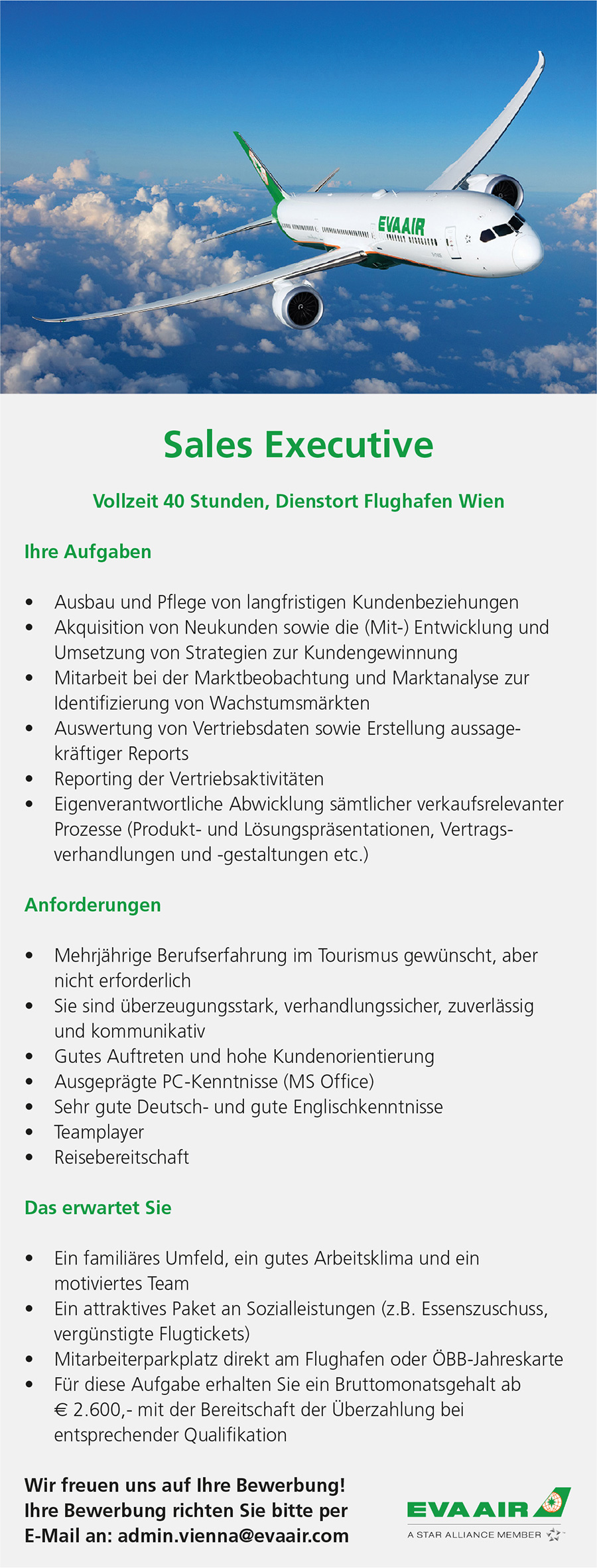 EVA Air sucht eine/n Sales Executive